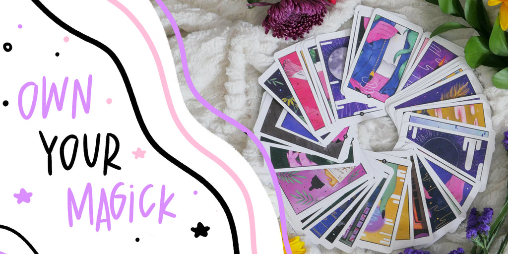own your magik - neon visions oracle, spread of oracle cards with witchy vibe