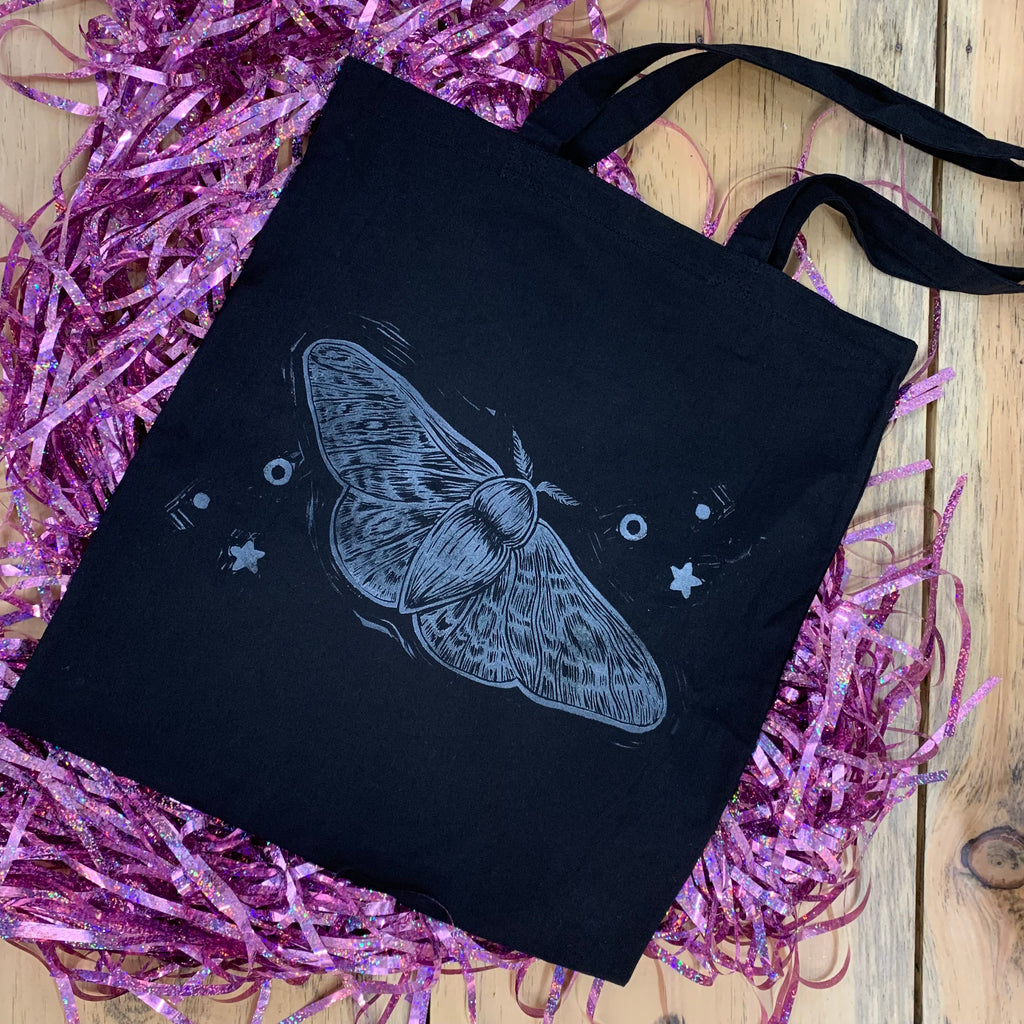 Hand Stamped Moth Tote
